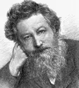 Portrait illustré en noir et blanc de l'artiste William Morris, mal rasé, reposant sa tête sur sa main.
