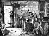 Black and white illustration of a blacksmith hammering a piece of metal inside a blacksmith's workshop. A little girl stands at the door and looks at the blacksmith.