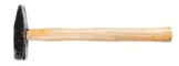 Colour photo of a cross-peen hammer with a wooden handle. One end of the hammer extends into a wedge shape, and the other end is flat.